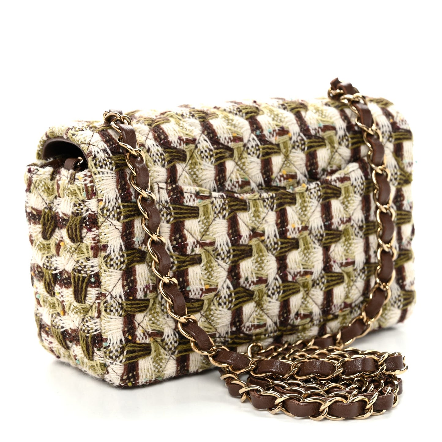 Tweed Quilted Mini Rectangular Flap Green Brown