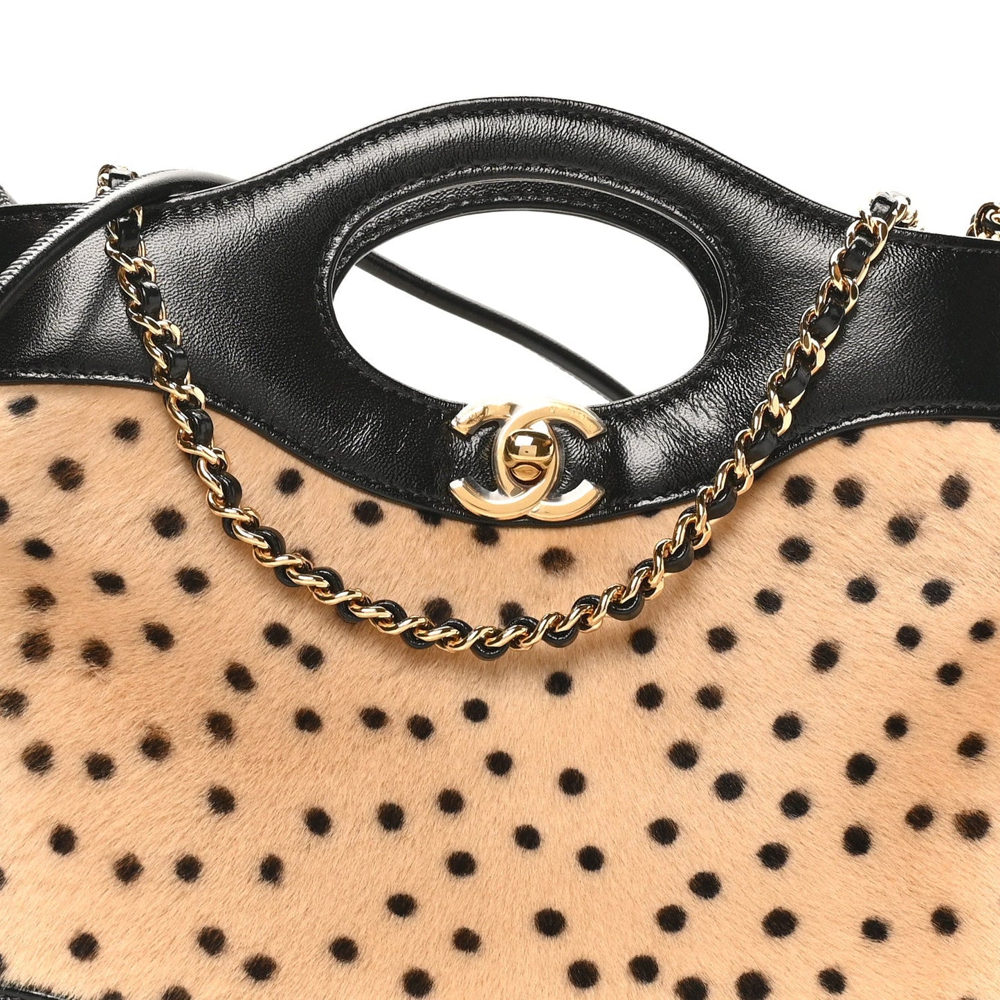 Shiny Lambskin Pony Hair Cheetah Printed Mini 31 Shopping Bag Light Beige Black