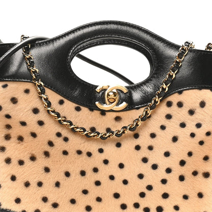 Shiny Lambskin Pony Hair Cheetah Printed Mini 31 Shopping Bag Light Beige Black