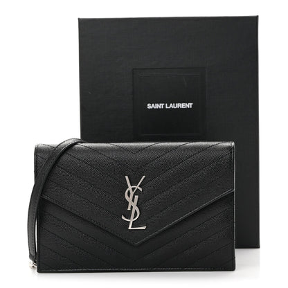 Grain De Poudre Matelasse Chevron Monogram Envelope Chain Wallet Black