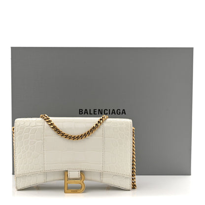 Shiny Calfskin Crocodile Embossed Hourglass Chain Bag White