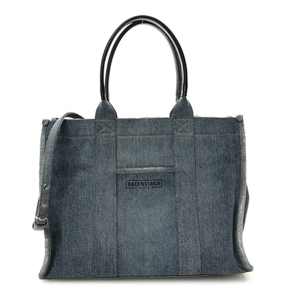 Washed Frayed Denim Logo Medium Hardware Tote Blue