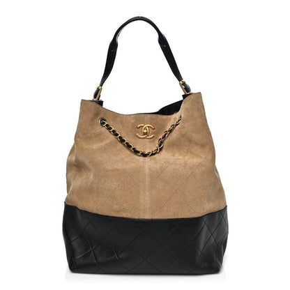 Suede Calfskin Shiny Lambskin Quilted Large Coco Base Shopping Bag Beige Black