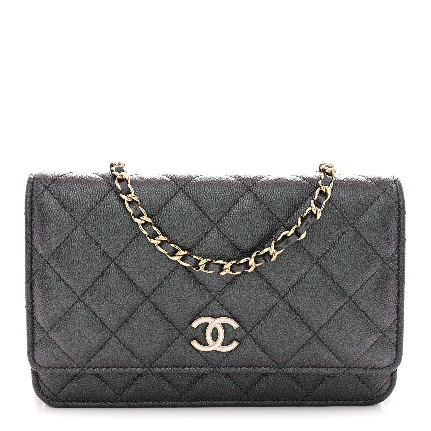 Iridescent Caviar Quilted Wallet on Chain WOC Dark Blue