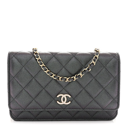 Iridescent Caviar Quilted Wallet on Chain WOC Dark Blue