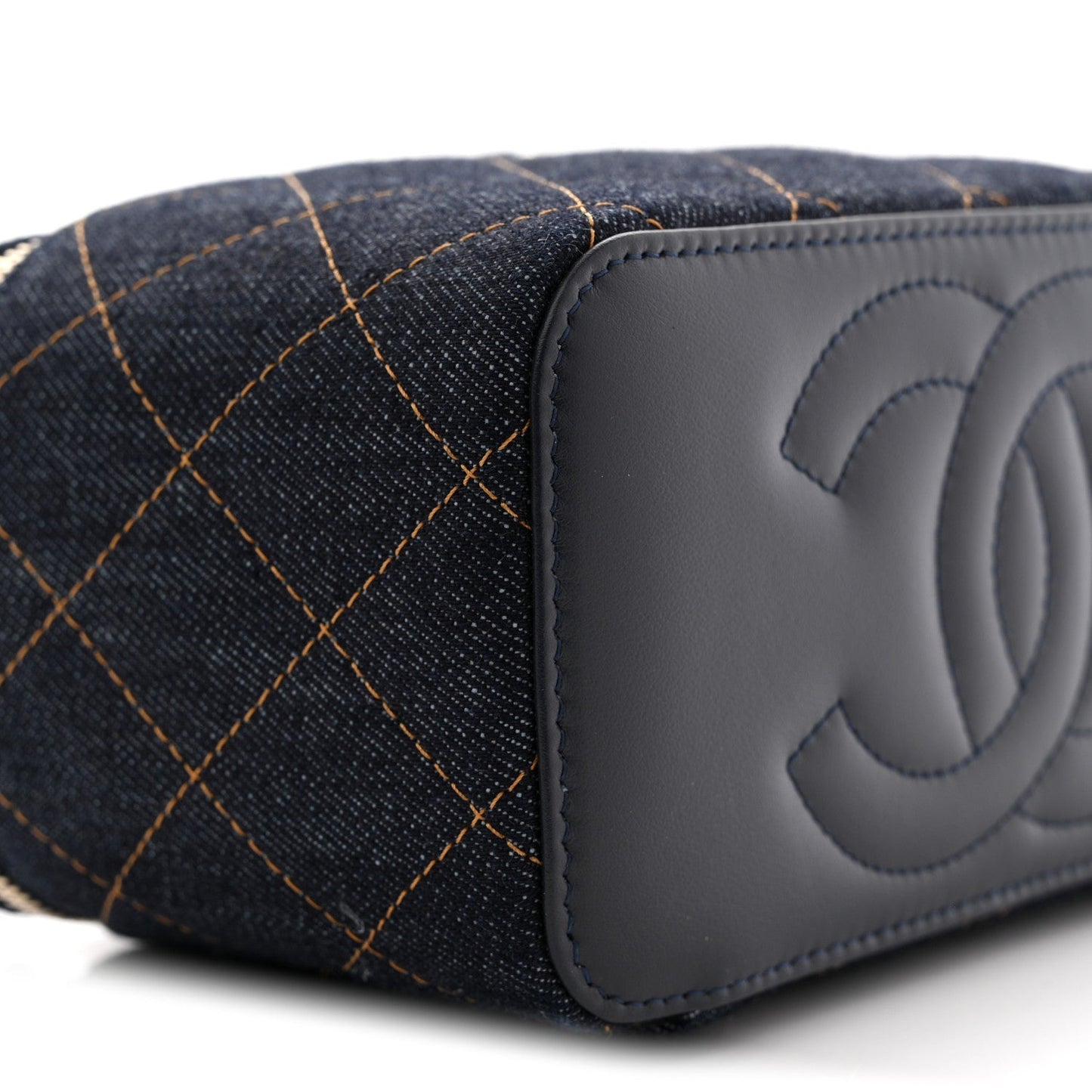 Denim Quilted Vanity Case With Chain Dark Blue