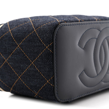 Denim Quilted Vanity Case With Chain Dark Blue