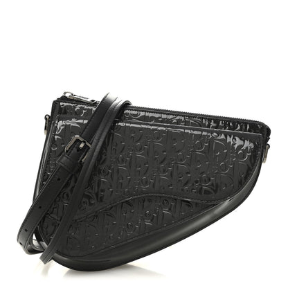Patent Oblique Embossed Saddle Boxy Bag Black
