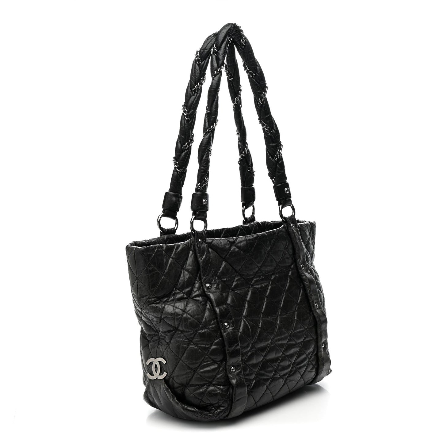 Distressed Lambskin Vintage Ligne Lady Braid Tote Black
