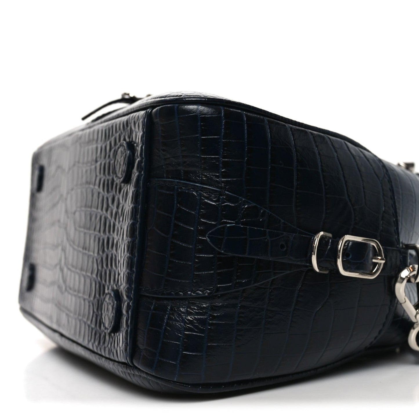 Calfskin Crocodile Embossed Small Varenne Bowling Bag Navy
