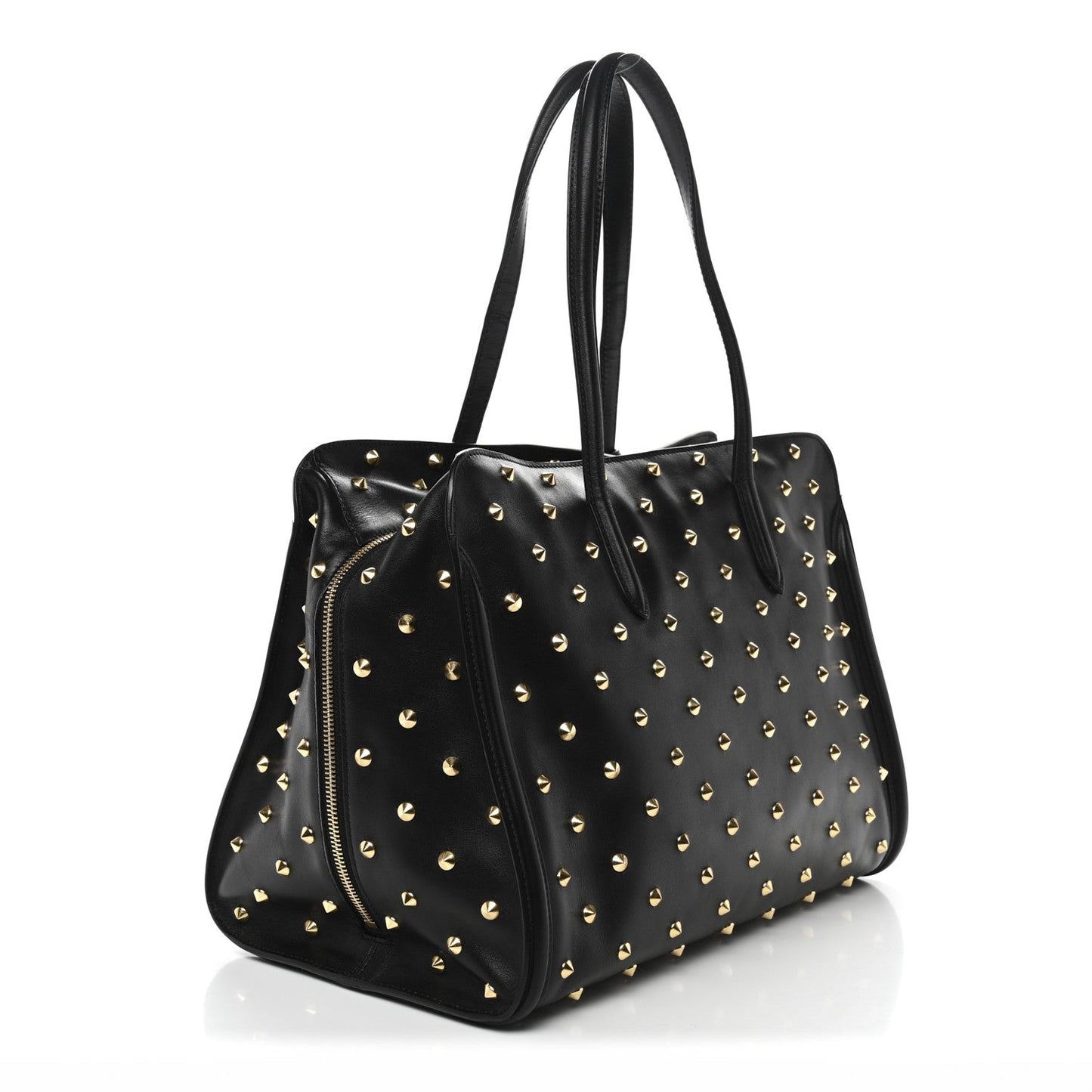 Calfskin Large Studded Padlock Zip Around Tote Black
