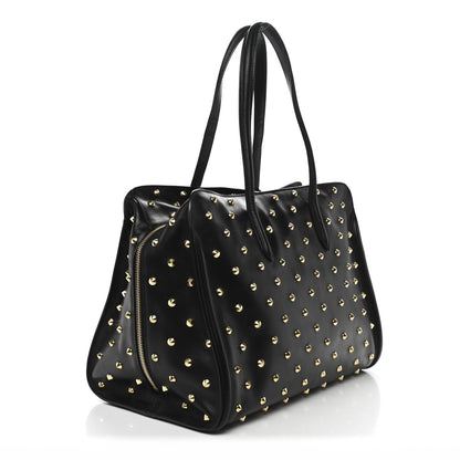 Calfskin Large Studded Padlock Zip Around Tote Black
