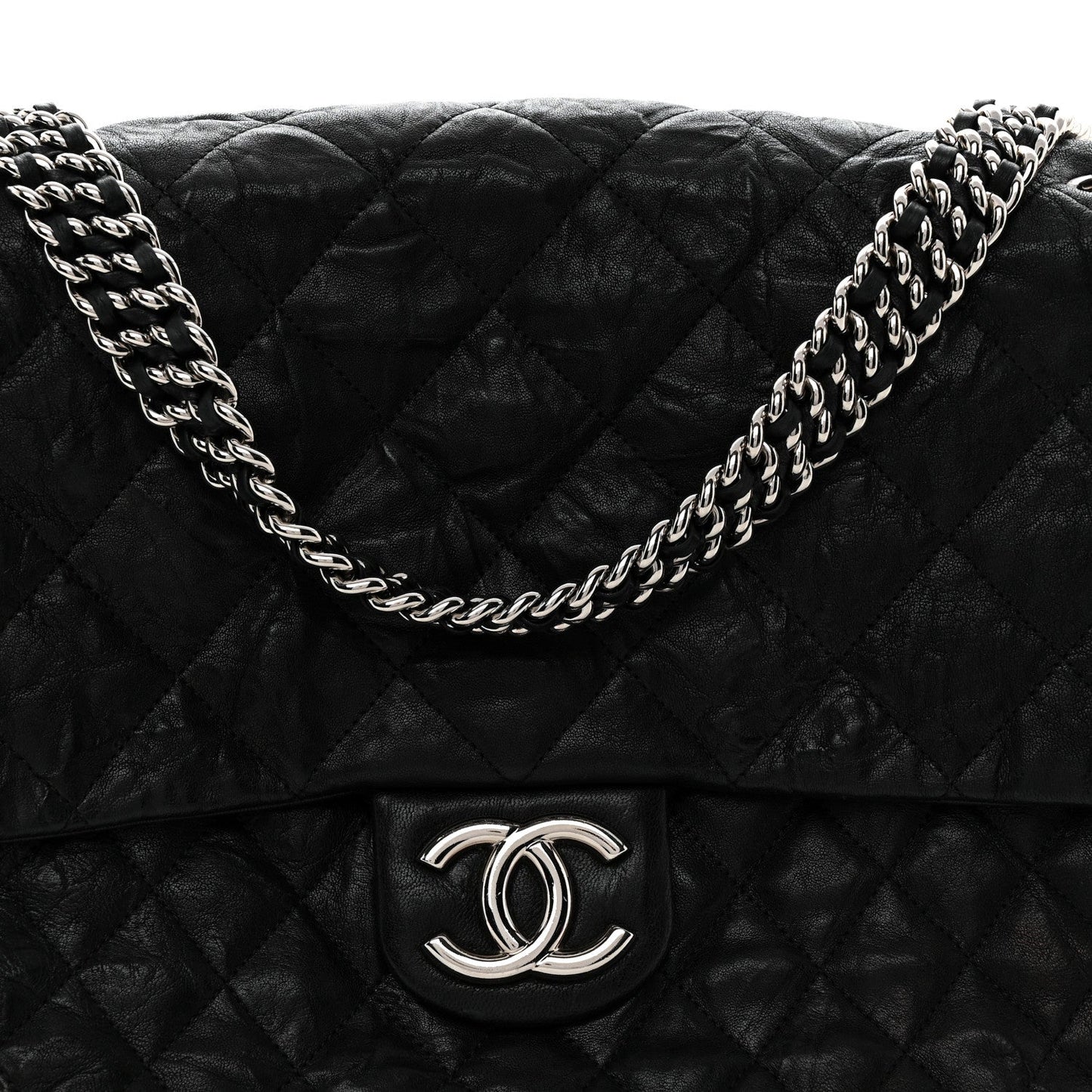 Washed Lambskin Quilted Maxi Chain Around Flap Black