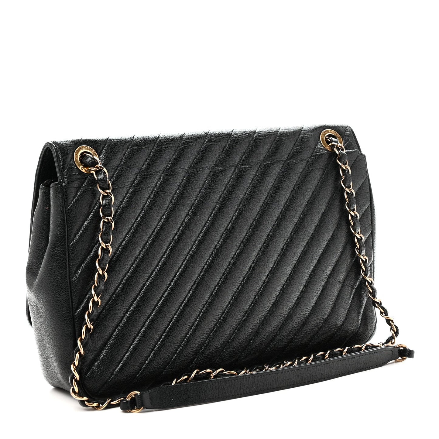 Shiny Goatskin Diagonal Quilted Large Flap Black