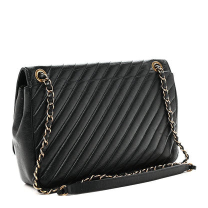 Shiny Goatskin Diagonal Quilted Large Flap Black