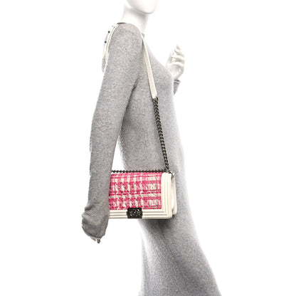 Patent Tweed Medium Boy Flap White