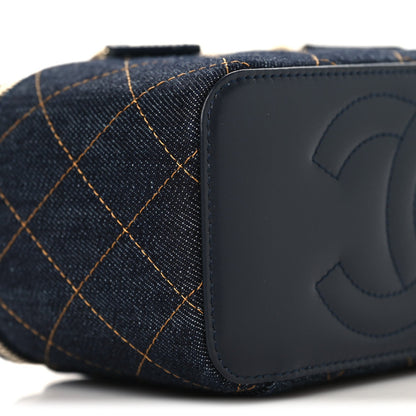 Denim Quilted Vanity Case With Chain Dark Blue