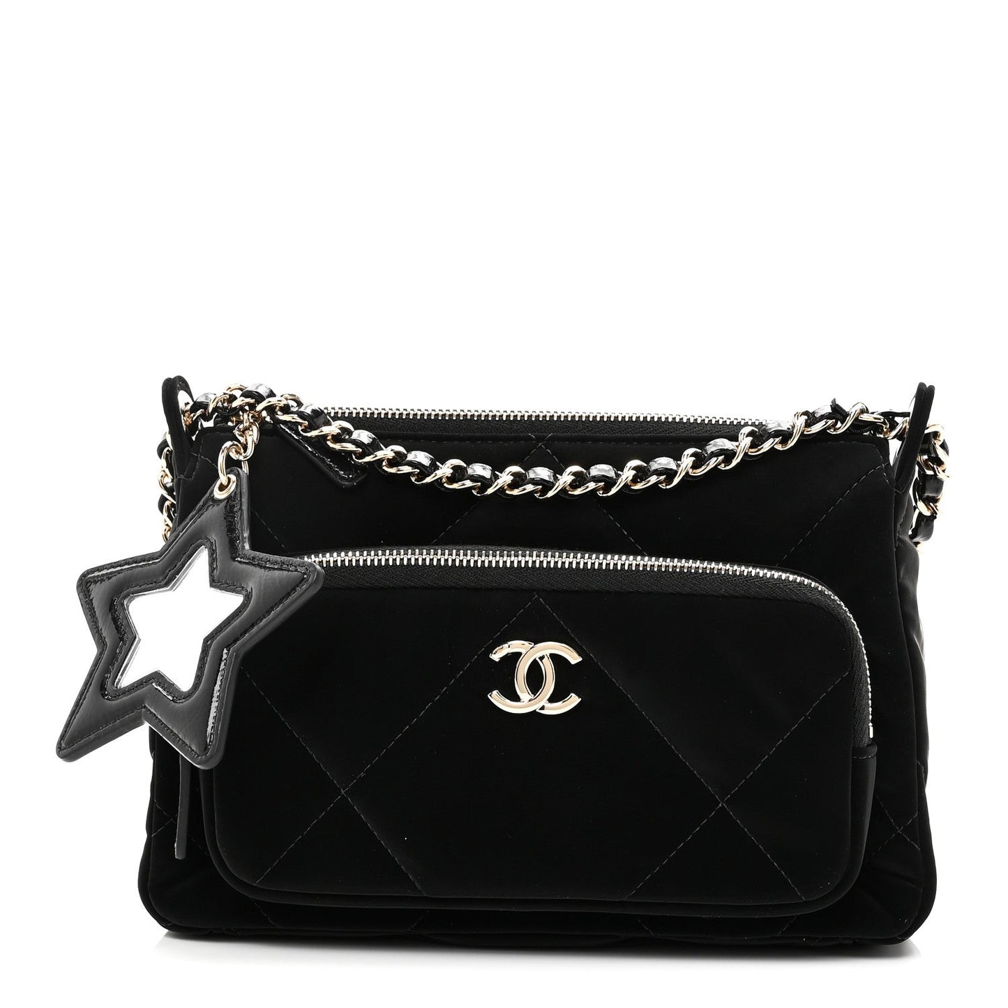 Velvet Effect Nylon Shiny Crumpled Calfskin Quilted Chanel 25 Clutch With Chain Black