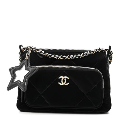 Velvet Effect Nylon Shiny Crumpled Calfskin Quilted Chanel 25 Clutch With Chain Black