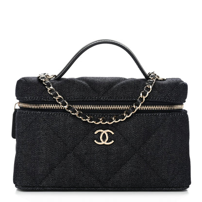 Denim Quilted Top Handle Slim Vanity Case With Chain Dark Blue
