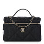 Denim Quilted Top Handle Slim Vanity Case With Chain Dark Blue