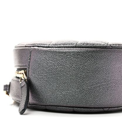 Iridescent Caviar Quilted Round Clutch With Chain Black