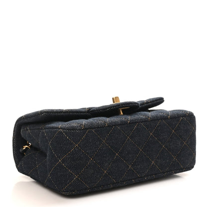 Denim Quilted Mini Rectangular Flap Dark Blue