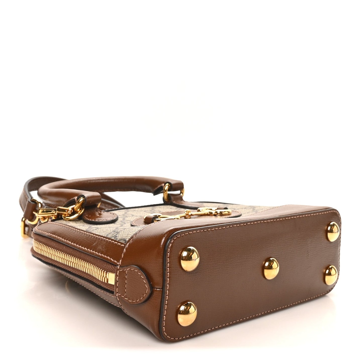 GG Supreme Monogram Azalea Calfskin Mini Horsebit 1955 Top Handle Bag Beige Ebony Brown Sugar