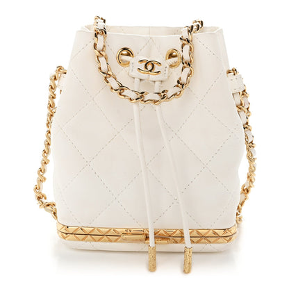 Metal Lambskin Quilted Small Chain Bucket Bag White