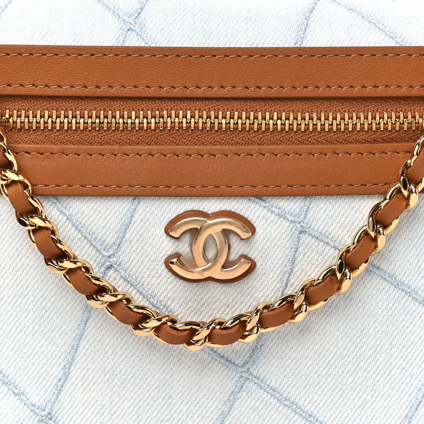 Washed Denim Calfskin Quilted Top Handle Slim Vanity Case With Chain Blue Brown