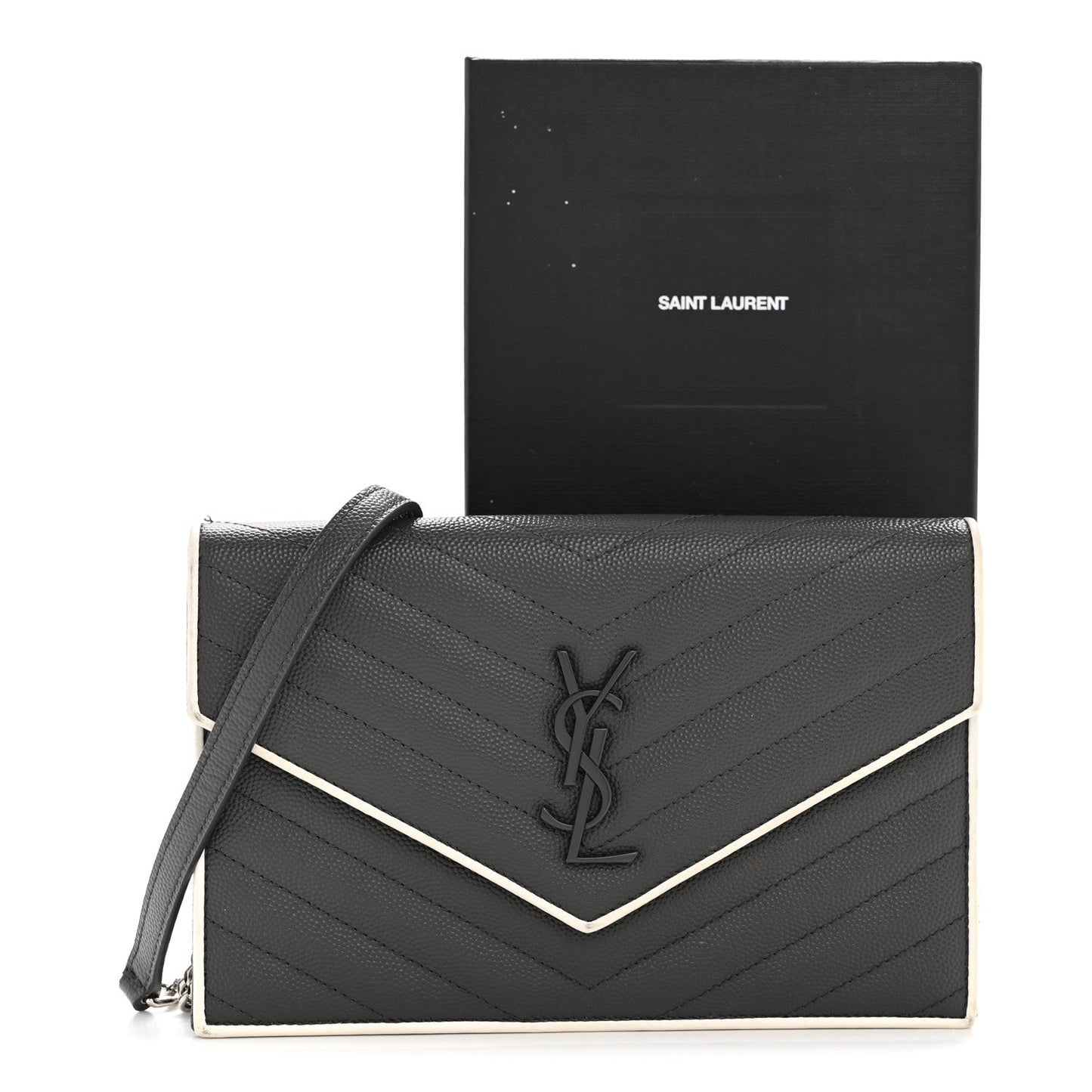 Grain De Poudre Matelasse Chevron Monogram Envelope Chain Wallet Asphalt White
