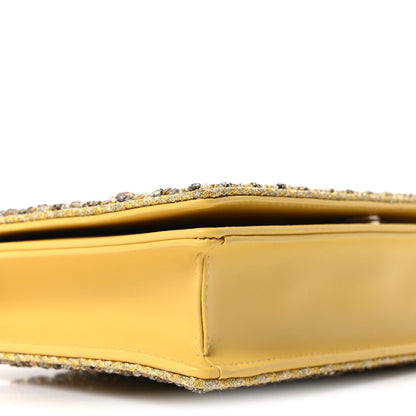 Calfskin Satin Bead Embroidery Lady Dior Clutch Gold Yellow
