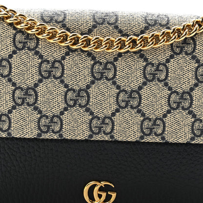 GG Supreme Monogram Textured Dollar Calfskin Mini GG Marmont Chain Wallet Beige Blue