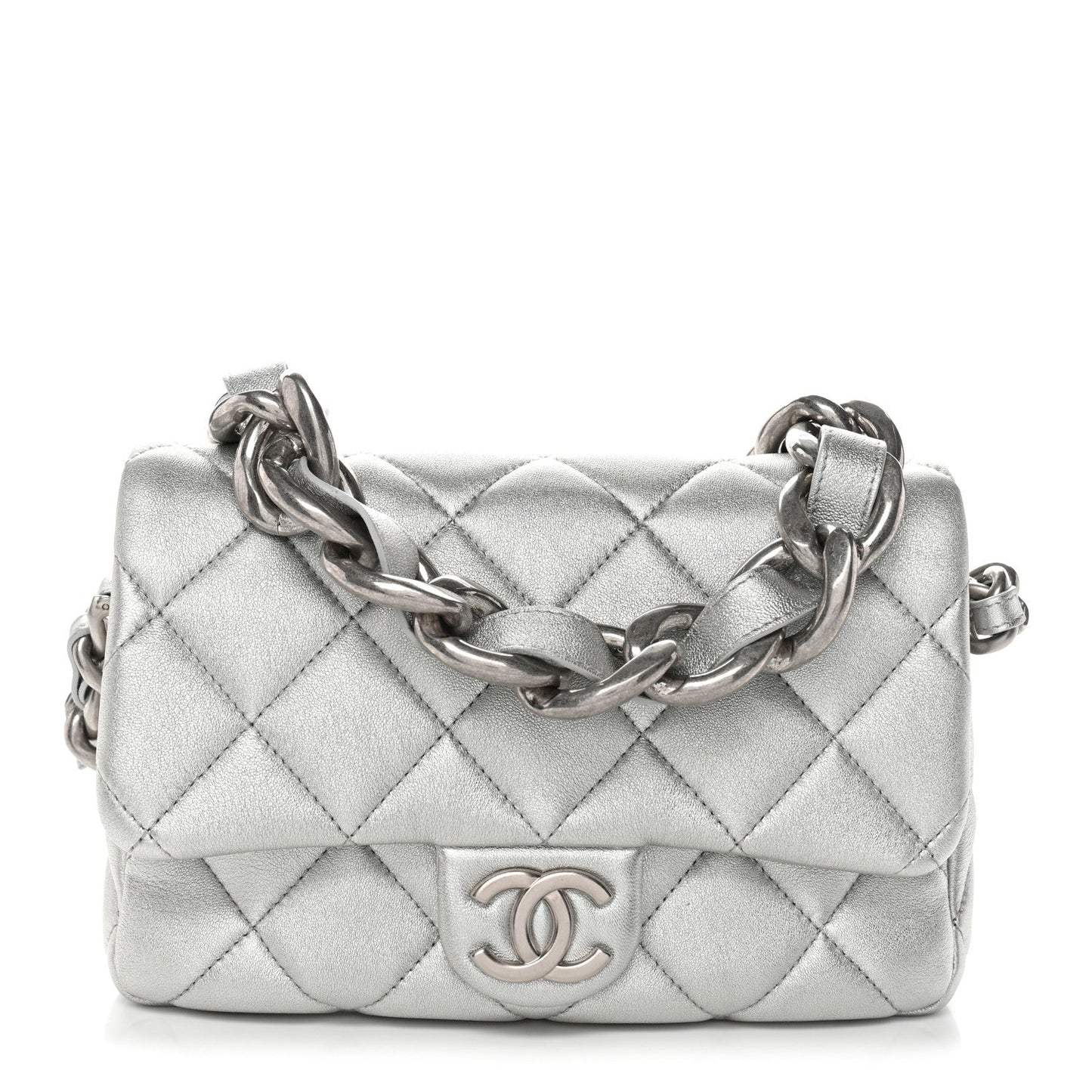 Metallic Lambskin Lacquered Quilted Small Flap Silver