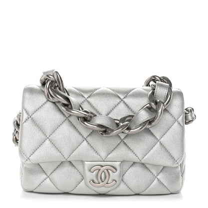 Metallic Lambskin Lacquered Quilted Small Flap Silver