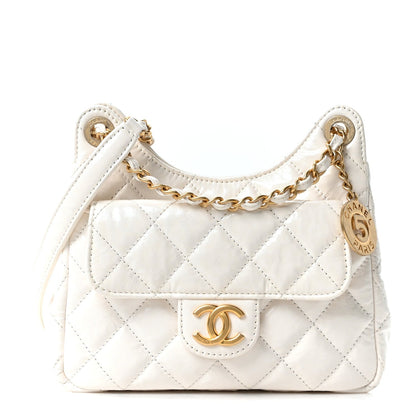 Shiny Crumpled Calfskin Quilted Small Wavy CC Hobo White
