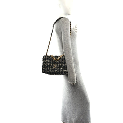Tweed Quilted Large Chanel 19 Flap Black Silver Ecru