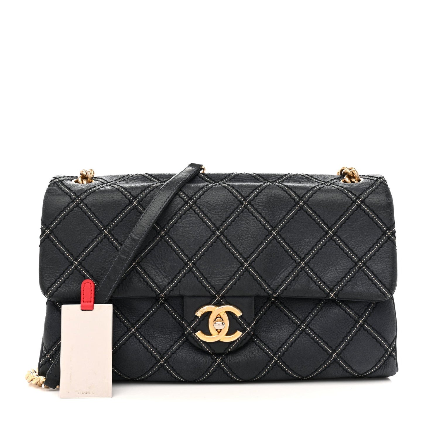 Iridescent Calfskin Triple Stitched Medium Flap Navy