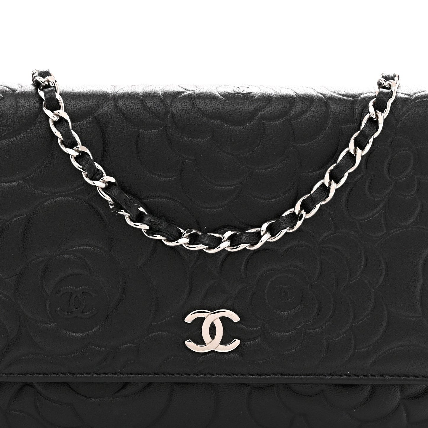 Lambskin Camellia Embossed Wallet On Chain WOC Black