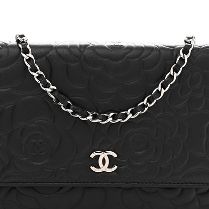 Lambskin Camellia Embossed Wallet On Chain WOC Black