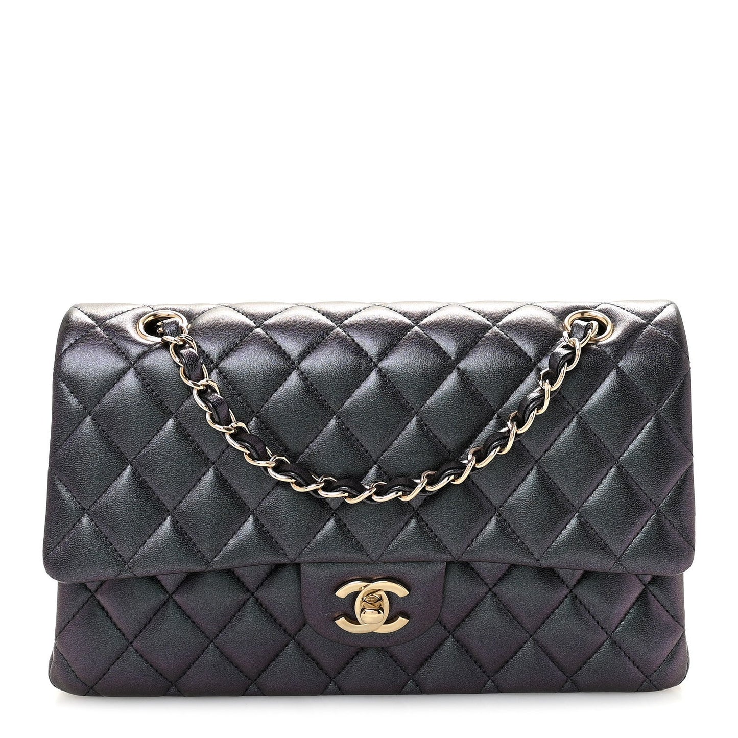 Iridescent Lambskin Quilted Medium Double Flap Black