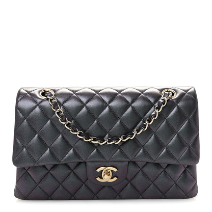 Iridescent Lambskin Quilted Medium Double Flap Black
