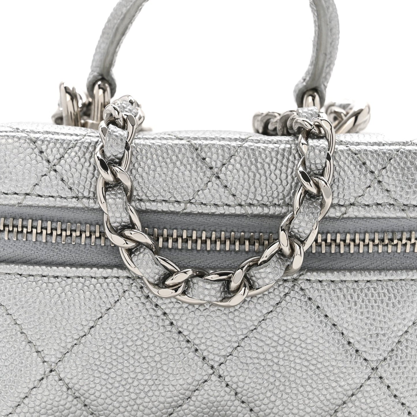 Metallic Caviar Quilted Mini Top Handle Vanity With Chain Silver