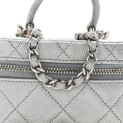 Metallic Caviar Quilted Mini Top Handle Vanity With Chain Silver