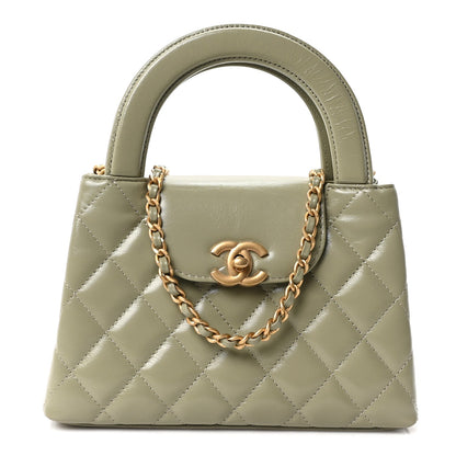 Shiny Aged Calfskin Quilted Nano Kelly Shopper Khaki