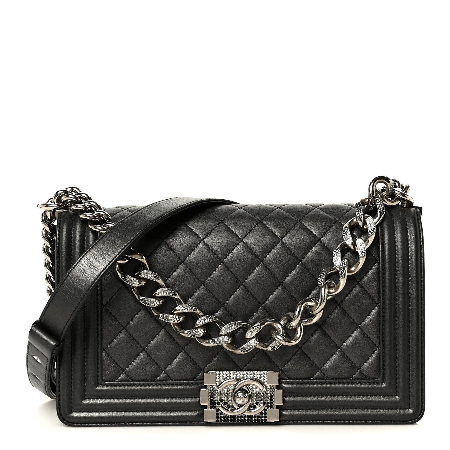 Metallic Lambskin Quilted Crystal Medium Boy Flap Grey