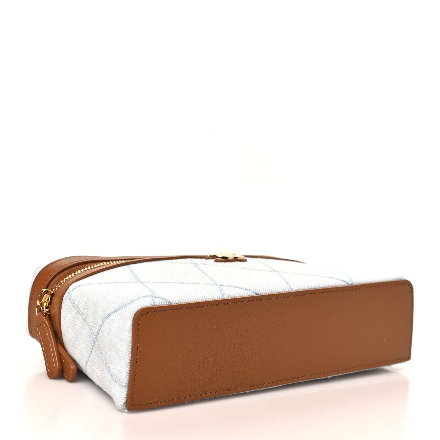 Washed Denim Calfskin Quilted Top Handle Slim Vanity Case With Chain Blue Brown
