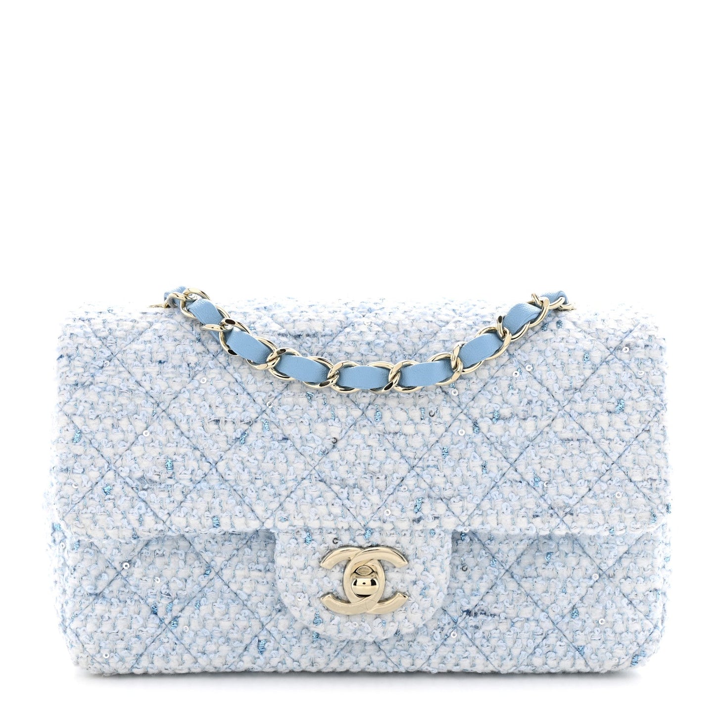 Tweed Quilted Mini Rectangular Flap Blue White Silver
