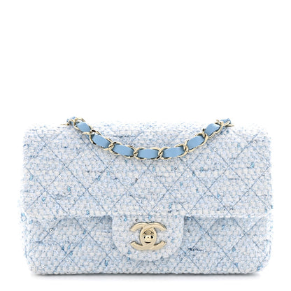 Tweed Quilted Mini Rectangular Flap Blue White Silver