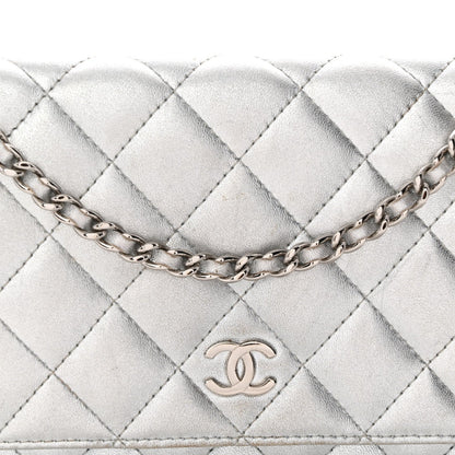 Metallic Lambskin Quilted Wallet On Chain WOC Silver